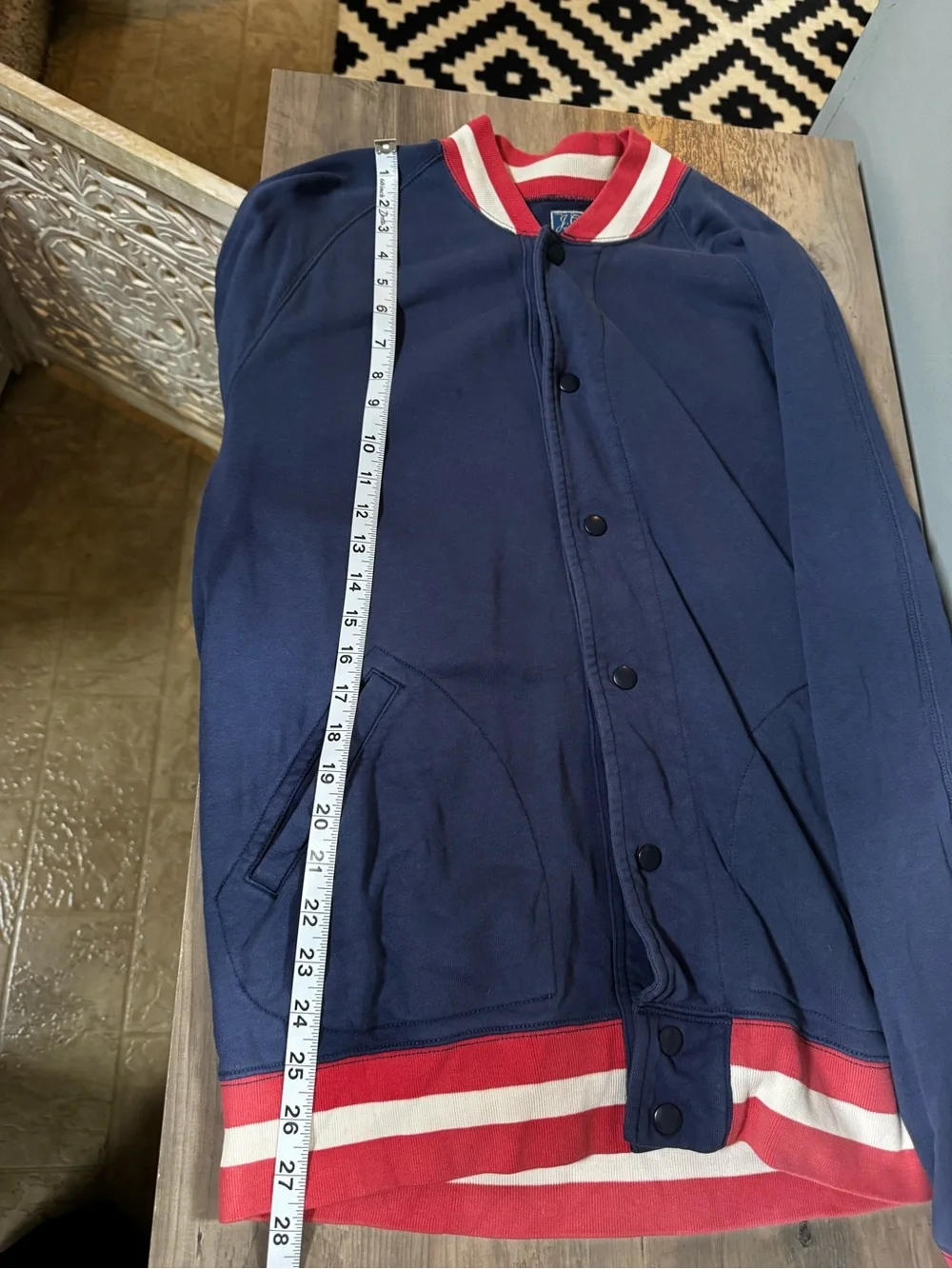 J. Crew Navy Bomber Jacket with Pink & White Ribbed Trim